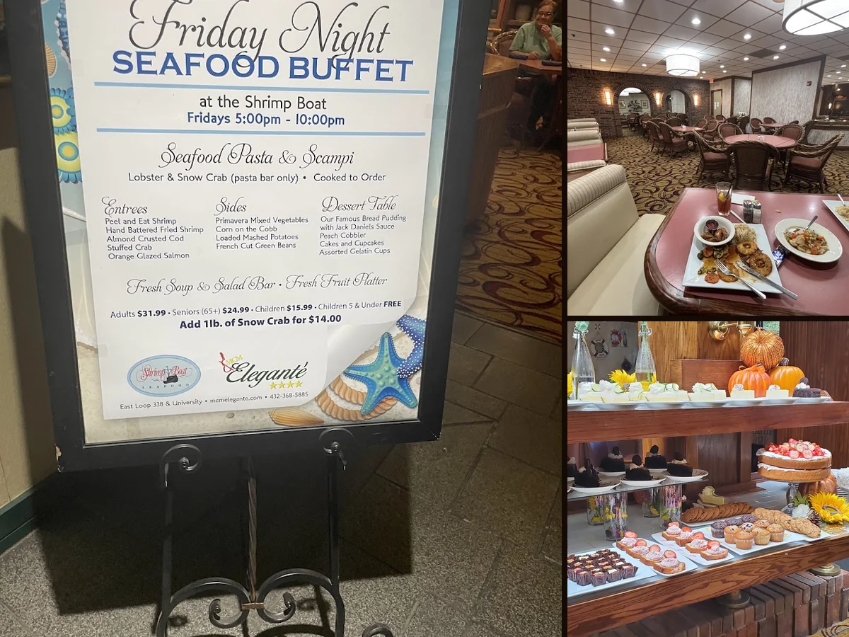 Buffet-style trays with seafood and sides.